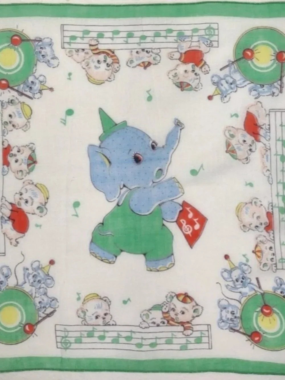 Vtg Child's hankie elephant with bear band border 9x9 CL